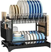HAVENRY 2-Tier Dish Drying Rack with 360° Rotating Drainer Board, Adjustable Spout, Detachable Dish Rack, Glass & Mug Holder, Knife & Cutlery Storage, Cutting Board – Kitchen Storage & Organization
