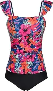 [Kate Kasin] Women's Full Cover Square Collar Shoulder Strap Swimsuit for Chubby Elegant High Waist Swimwear