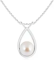 [Angara] Solitaire Japanese Akoya Cultured Pearl V-Bale Drop Pendant Necklace in Sterling Silver/14ct Solid Gold for Women | June Birthstone Jewellery for Her