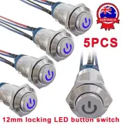 5PCS 12V 12mm Car Boat Push Button Metal Latching Switch LED Light Waterproof AU