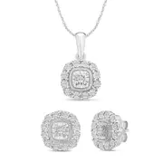 Stud Earrings and Cushion Shaped Pendant Necklace with 0.15ct of Diamonds in Sterling Silver