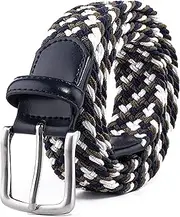 [Fabio Valenti] Elastic Fabric Woven Stretch Braided Belts with Leather Tip Prong Buckle, Multi-colored, 1.3inch Width Strap