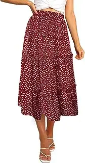 [Facogoo] 2025 Summer Flowy Boho High Waisted Floral Print Midi Skirt Ruffle A-Line Swing Casual Long Skirts with Pockets, Red Heart, Small