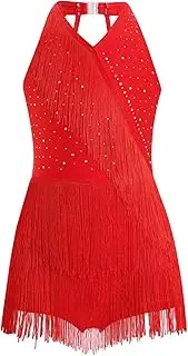 [FEESHOW] Kids Girls Sparkle Latin Jazz Dance Dress Tango Rumba Samba Dance Performance Costume Fringe Leotard