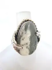 Navajo Betta Lee White Buffalo Ring Silver Feather Wrap 925 Sterling Silver Sz 8