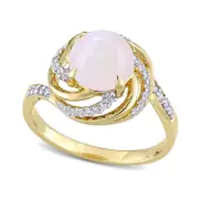 8.0mm Opal, White Topaz and 0.05 CT. T.W. Natural Diamond Swirl Frame Bypass Ring in Sterling Silver with Yellow Rhodium