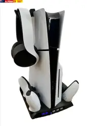 PS5 Slim Cooling Stand with Dual Controller Charging Docks, Universal Headset Mo