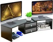 Dual Monitor Stand Riser 2 Drawers Adjustable 3 Shelf Storage Desk Organizer