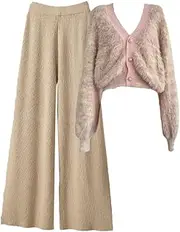 [Generic] Women Warm Soft Knitted Pants Sets Sweet V Neck Fur Knitted Cardigan+Wide Leg Pants Set