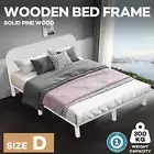 Double Bed Frame Solid Pine Wood Mattress Platform Base Square Headboard White