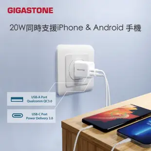 【GIGASTONE 立達】PD/QC3.0 20W雙孔急速快充充電器+C to C 60W充電傳輸線(iPhone 15/Android手機充電頭組)