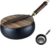 Uncoated Iron Pan, Gas Induction Cooker Stir Fry Pan Frying Wok Pan for Hotel, Round Bottom with Wooden Lid Lid (Black)