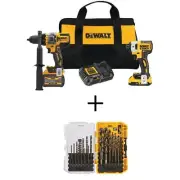 DEWALT Hammer Drill + Impact Driver Combo Kit 20V MAX Cordless w/ Drill Bit Set