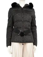 Black Ruched Fur Trim Puffer Jacket