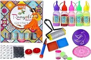 TOTA Rangoli Gift Pack with Latest Squeeze Bottles Rangoli Tool Kit with 7 Different Kolam Colours + Rangoli Stencils Set + Rangoli Roller + Rangoli Pen + Diwali Candles