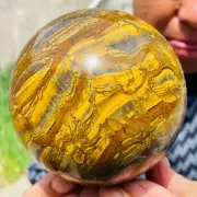 3.96lb Large Natural Gold Tiger's Eye Stone Quartz Crystal Sphere Specimen Reiki