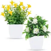 2 Pack Artificial Faux Plants Mini Potted Fake Plants w/ Flowers for Home Office