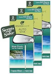 Enviroscent Non-Toxic Hanging Car Air Freshener (Seaside Coconut + Verbena) 3 Pack with 6 Auto Stix | Diffusers with Essential Oils