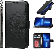 Cavor Wallet Case for iPhone 13 Pro Max PU Leather Case Magnetic Clasp 3D Embossed Flower Women Flip Folio Kick stand with Card Holder Wristlet Hand Strap Protective Cover for iPhone13 Pro Max 6.7'' -Flower Black