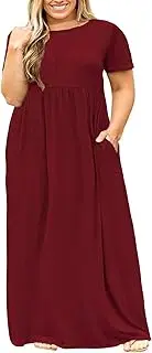 [Nemidor] Women Short Sleeve Loose Plain Casual Plus Size Long Maxi Dress with Pockets(Wine,26)