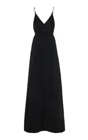 [Monique Lhuillier] A-Line V Neck Wool Blend Gown With Pearl Straps