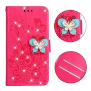Diamond Encrusted Butterflies Love Flowers Pattern Horizontal Flip Leather Case For Iphone Xs Max With Holder and Card Slots and Wallet and Lanyard(Butterfly Plum Red)