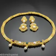 1.0 CT DIAMOND 4.0 CT GEMS, PEARL CHOKER NECKLACE & EARRINGS SET 18K YELLOW GOLD