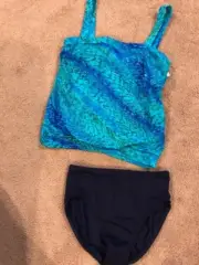 SLIMMING MIRACLESUIT BLUE GEOMETRIC BLOUSON TANKINI SWIMSUIT 10 OR 12