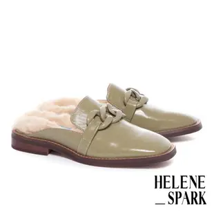 穆勒鞋 HELENE SPARK 復古時髦粗鏈毛毛方頭低跟穆勒拖鞋－綠