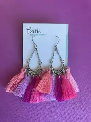 Pink & Purple Tassel Dangle Earrings, Tibetan Silver, Surgical Steel Hooks