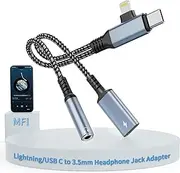 2024 Upgrade 2-in-2 Lightning + USB C to 3.5 mm Headphone and Charger Adapter, USB C to 3.5 mm Jack Headphone Splitter, iPhone Aux Audio Adapter, USB C to Audio and Charge Adapter for iPhone