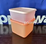 Tupperware Basic Bright Square 1L & 650ml Container Set of 2 Apricot Peach New
