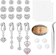 [QWALIT] Fake Belly Piercing Cubic Zircon Butterfly Clip on Belly Button Rings Stick on Navel Ring non Piercing Fake Piercing Jewelry no Pierced Heart Silver Sticky Balls