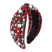 Christmas Headband for Women White Pearl Rhinestone red plaid knot hairband