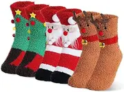 [byepica] 3 Pairs Of Christmas Fuzzy Socks, Cozy Santa Claus, Elk, And Christmas Tree Slipper Socks For Women, Non-Slip Indoor Soft Fleece Socks For Winter, Multicolor, One Size, Multicolor, One size