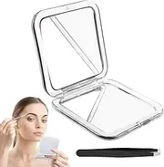 UOCAI Foldable Travel Mirror with 15x Magnifying Mirror and Tweezers, Double-Sided Compact Mirror with Magnification, Square Cosmetic Mirror, Travel Mirror Small for Purses, Handbags