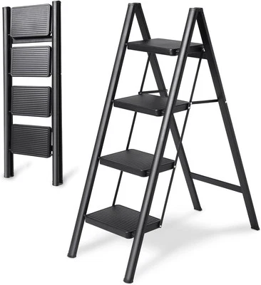 4 Step Ladder Folding Stool, Heavy Duty 330 Lbs 4 Ladder, Black