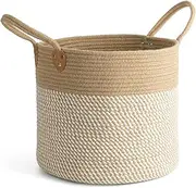 CHICVITA Large Wicker Jute Woven Storage Basket with Handles – Blanket Laundry Basket for Toys Towels Home Decor, White, 14" x 14" x 12"