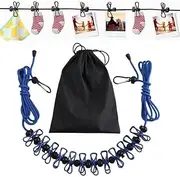 Retractable Portable Clothesline – Travel & Camping Laundry Drying Line with 12 Colorful Clips & Stainless‑Steel Hooks, Stretchable 10–12 ft Cord, Indoor/Outdoor (Blue)