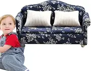 Wrohto Doll House Sofa, Modern Arm Chair with Pillow, Dark Blue Floral Pattern Miniature Sofa, Wooden Fabric Frame Reading Chair for Decoration Accessories, 3.23x2.52x2.83 inches