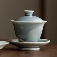 在飛比找ETMall東森購物網優惠-臺灣鹽燒冰裂釉藍蓋碗手工陶瓷三才碗泡茶碗復古大茶碗泡茶器茶杯