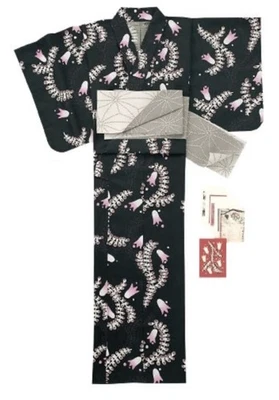 NEW Uniqlo Black Pink Japanese 100% Cotton Kimono Long Robe Yukata OBI Belt Set