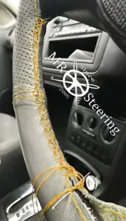 GREY TWO TONE LEATHER STEERING WHEEL COVER FOR VW SHARAN I 1995-04 YELLOW STITCH