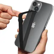 Sinjimoru Stretching Silicone Phone Strap as Cell Phone Grip Holder, Reusable Slim Cell Phone Holder for Hand with Clip for Galaxy & iPhone Case. Sinji Finger Strap Clip, Black, 210