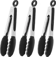 Mini Tongs with Silicone Tips 7-Inch Kitchen Tongs, Set of 3 (Black)