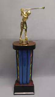 blue female golf trophy wide column weighted base award