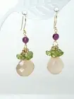 14k Yellow Gold Rose Quartz Briolette, Peridot, Pink Swarovski Dangle Earrings