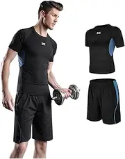 [Jueshanzj] Fitness clothes men's tights gym equipment running basketball training quick-drying sports suit Lightning Blue XL