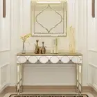 Mirrored Console Table Glass Hallway Desk Slim Sofa Side Foyer Table w/ Gold Rim
