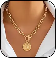 [IQPDYV] Chunky Gold Heart Necklaces for Women Gold Chunky Cross Necklace Dainty Gold Coin Sun Pendant Necklace Cuban Link Necklace OT Buckle Necklace Metal Disc Charm Necklace Gold Statement Jewelry